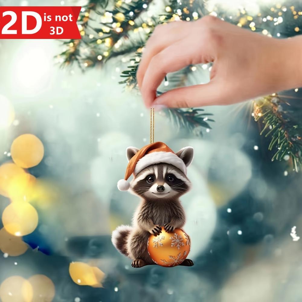 2D Christmas Raccoon Pendant with Hat for Bags and Car Interiors. A Uniquely Charming Festive Decor.
