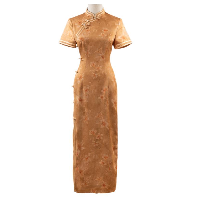 Retro national style golden cheongsam 1 new double-sided forging temperament thin waist daily improvement long dress