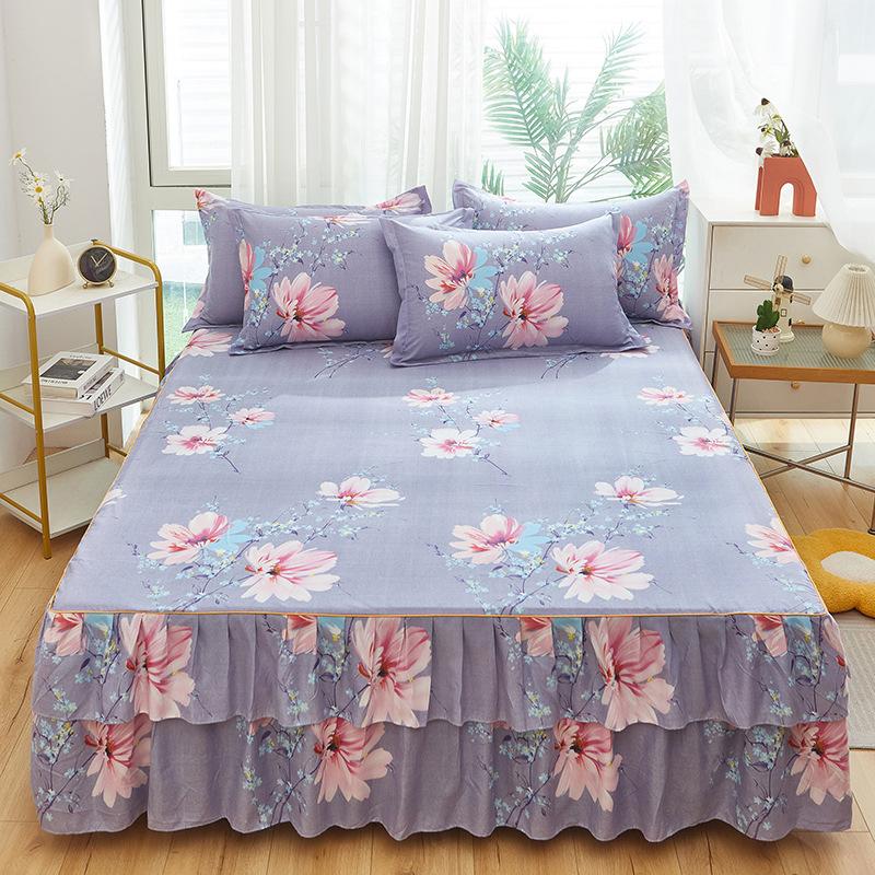 3pcs Modern Korean Floral Bed Skirt Set with Lotus Leaf Embellishments and Princess Floral Pattern, All-Season Brushed Light Beige-Friendly Bedding