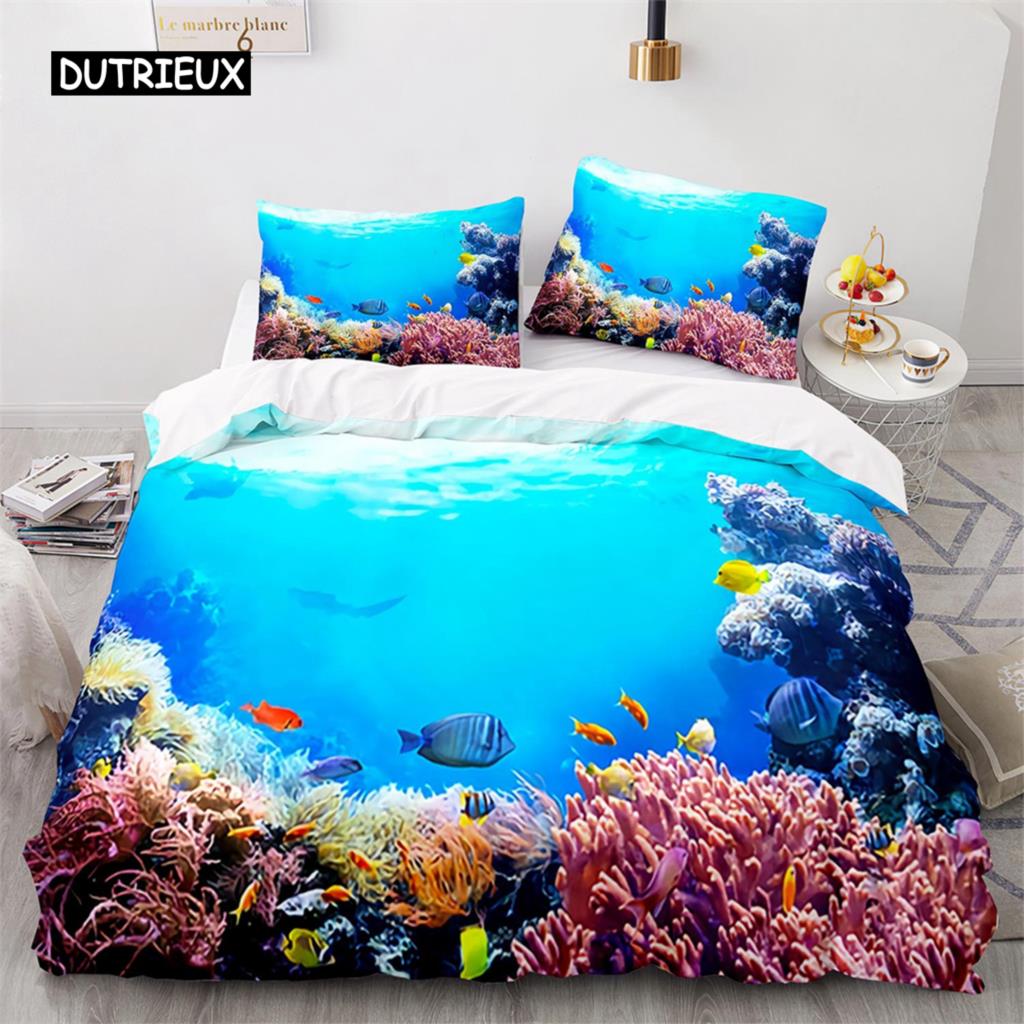 Duvet Cover Ocean Underwater World Bedding Sets with Goldfish Coral Reef Quilt Cover for Kids Teens Children Bedroom Decoration