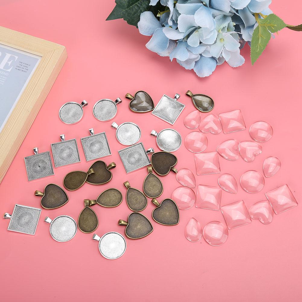 48pcs Metal Round DropShaped Pendant Base Tray Glass Domes Jewelry DIY Tool Accessory