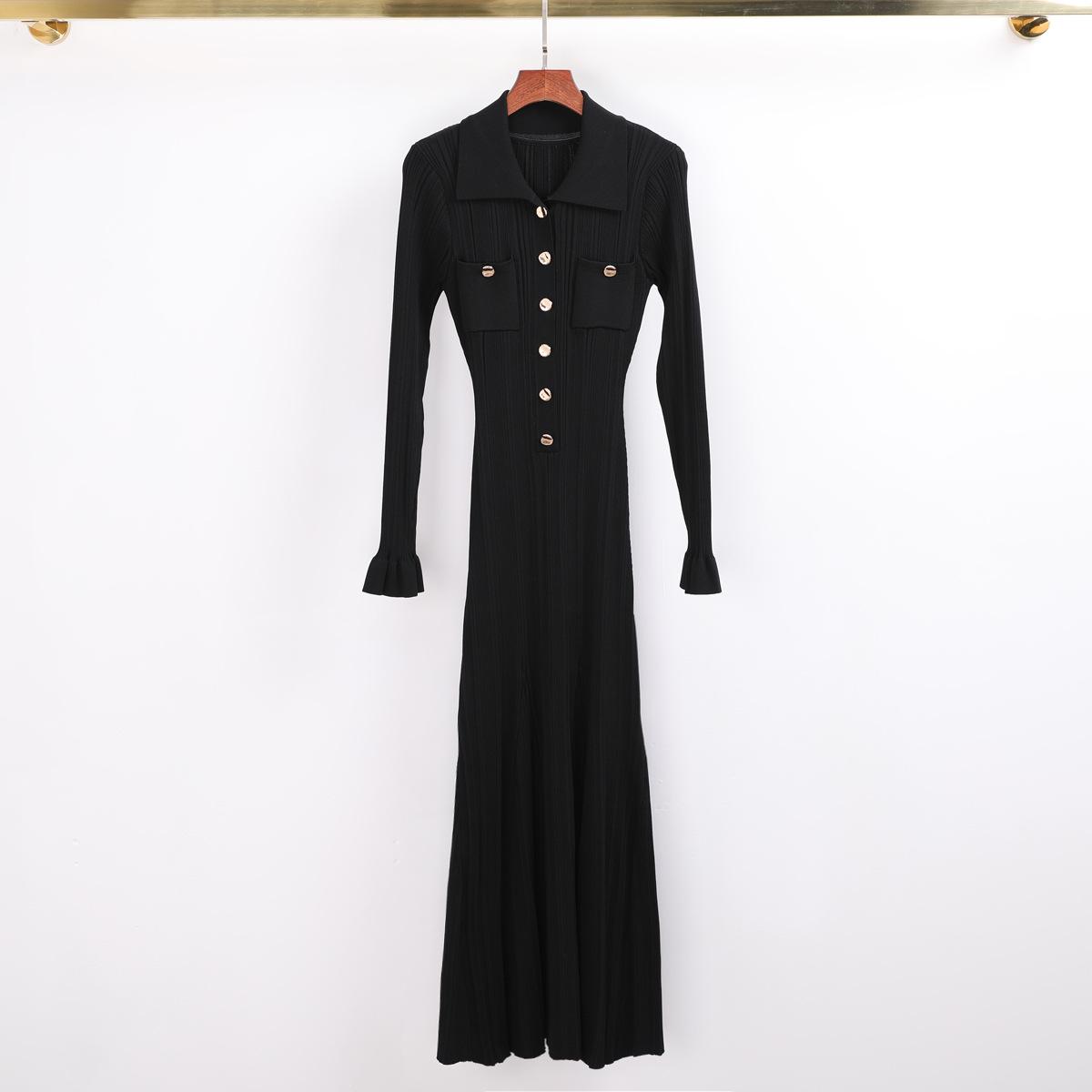 High quality spot spring and autumn new fashion Internet celebrity knitted lapel slim slim striped long sleeve dress women S