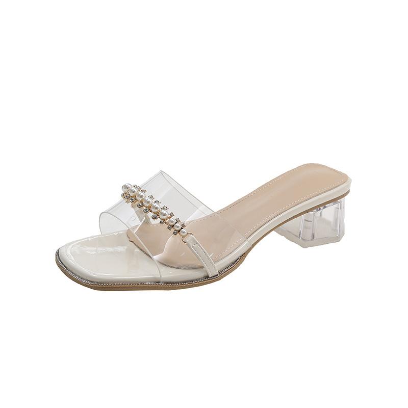 Transparente Hausschuhe Damen Strass Perle Ausgehen Ein-Wort-Slipper Sommer Neu Vielseitig Kristall Dicker Absatz Hoher Absatz Sandalen