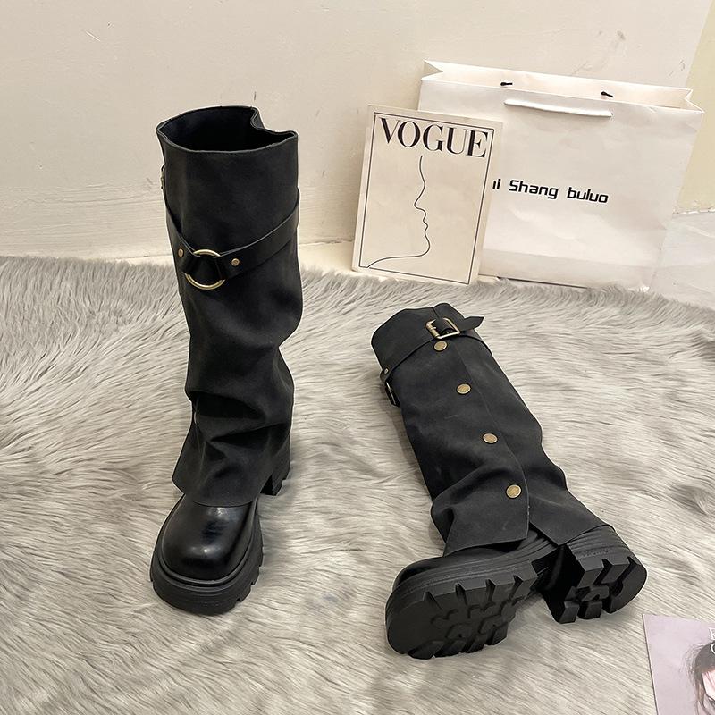 But knee leather boots retro heightening knight boots long boots women's autumn and winter fashion trouser boots