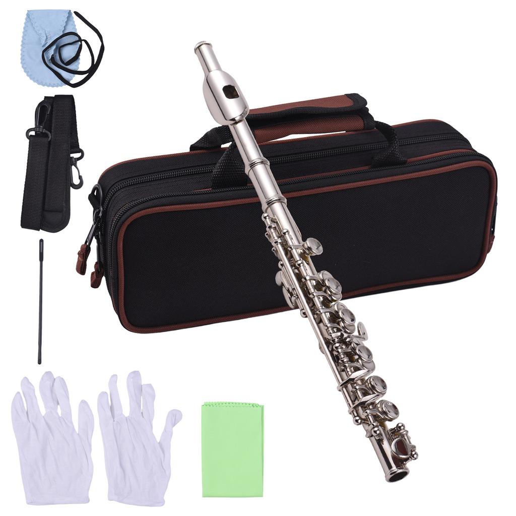 Piccolo Instrument White Copper Nickel Plated C Key Piccolo Flute for Beginners Students with Hard Case Cleaning Rod Cloth and Gloves