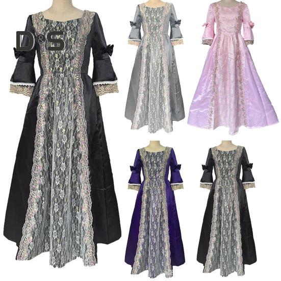 Women Performance Dress Stage Show Retro Royal Style Lace Bow Decor Bell Sleeve Patchwork A-line Hallowen Party Carnival Evening Dress Ball Gown
