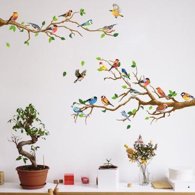 Sticker Mural Multicolore Style Chinois PVC Oiseaux sur Branche d'Arbre Autocollants Ornement Auto-adhésif Fleurs en Fleur Autocollants