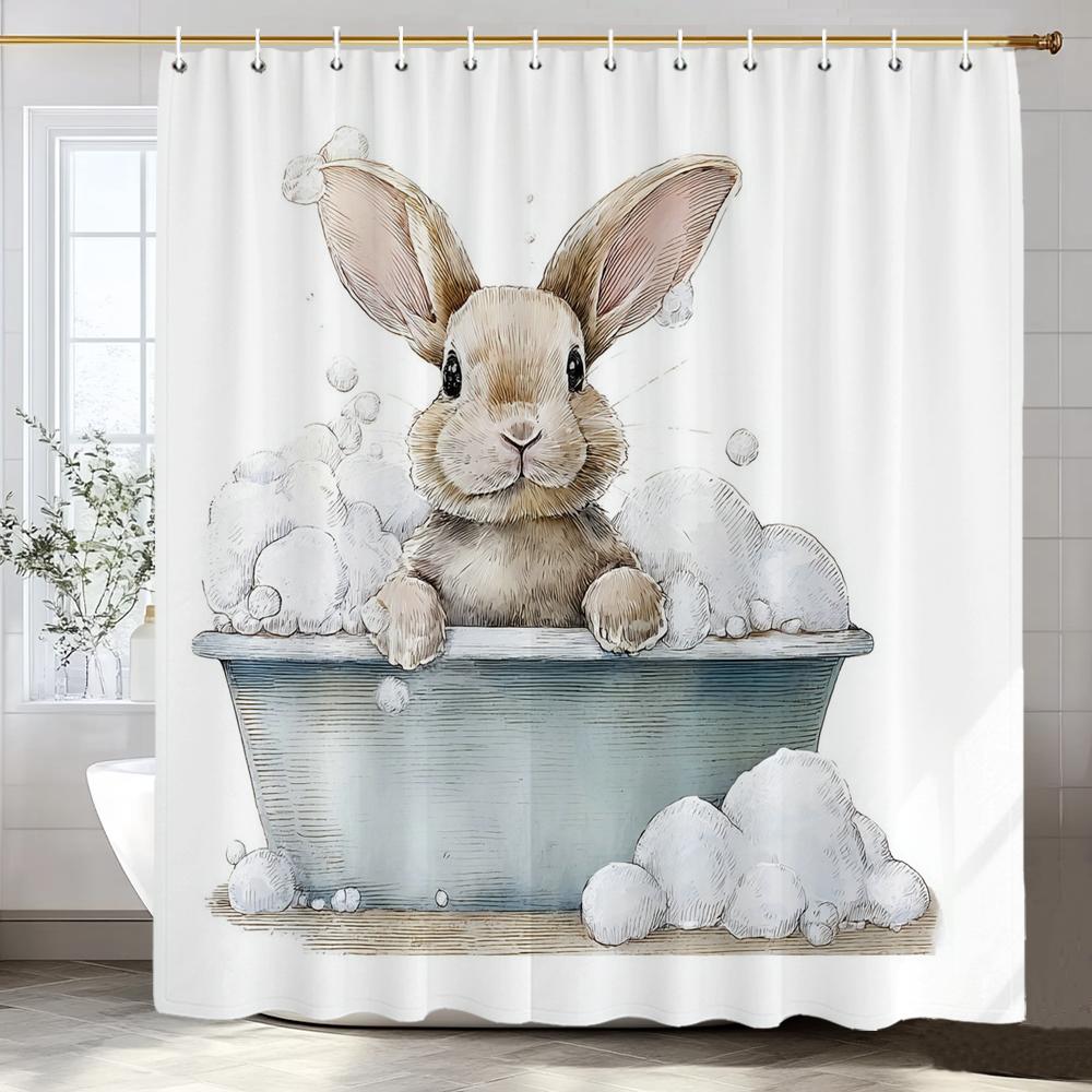 1pc Cartoon Cute Rabbit Bathing in Bathtub Print Waterproof Shower Partition Privacy Hanging Curtain with Hooks Machine Washable