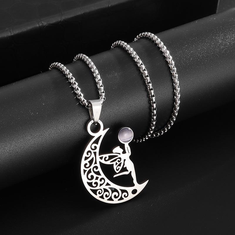 Hot Selling In Europe and America Simple and Fashionable Girl Style Titanium Steel Cut Hollow Moon Elf Pendant Stainless Steel
