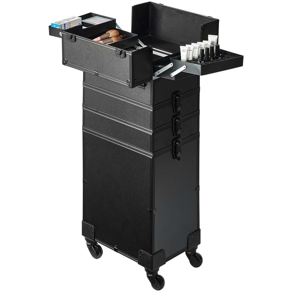 5 In 1 Professional Makeup Train Case Aluminum Cosmetic Case, Rolling Makeup Case Extra Large Trolley Makeup Travel Organizer, with 360° Swivel Wheels