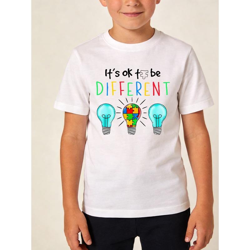 Boys Crewneck Short Sleeve T-Shirt, Cartoon Light Bulb Graphic With Slogan Letter Print 110 белый