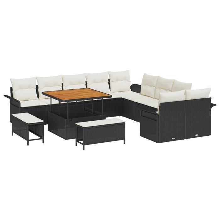 Set of 13 Pieces of Garden Sofa with Black Cushions Poly Rattan Acacia, 2-seater Garden Sofa with Black Cushions 3362185