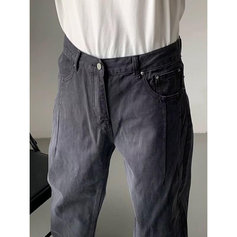 Mens High-Waisted Straight-LegCargo-Style Denim Pants Khaki