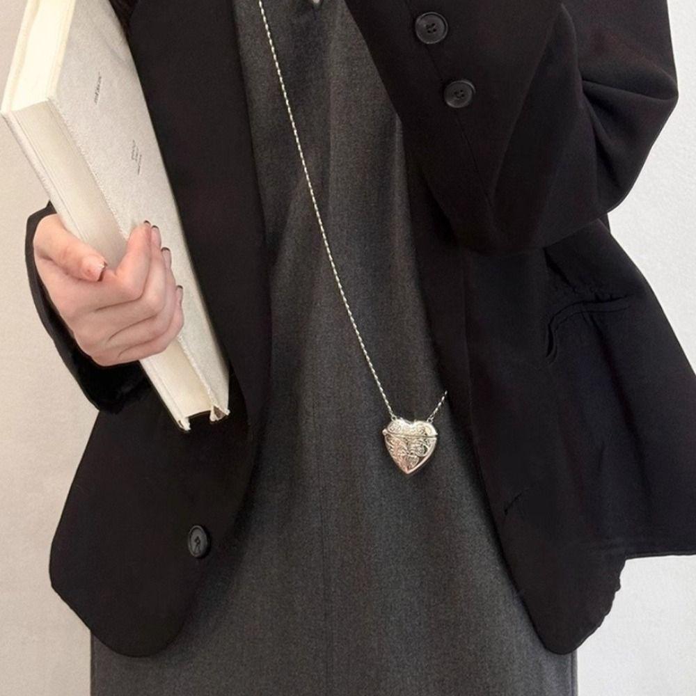 Sliver Color Long Necklace Stereo Heart Shape Clothes Jewelry Mini Bag Pendant  For Women Men Gift