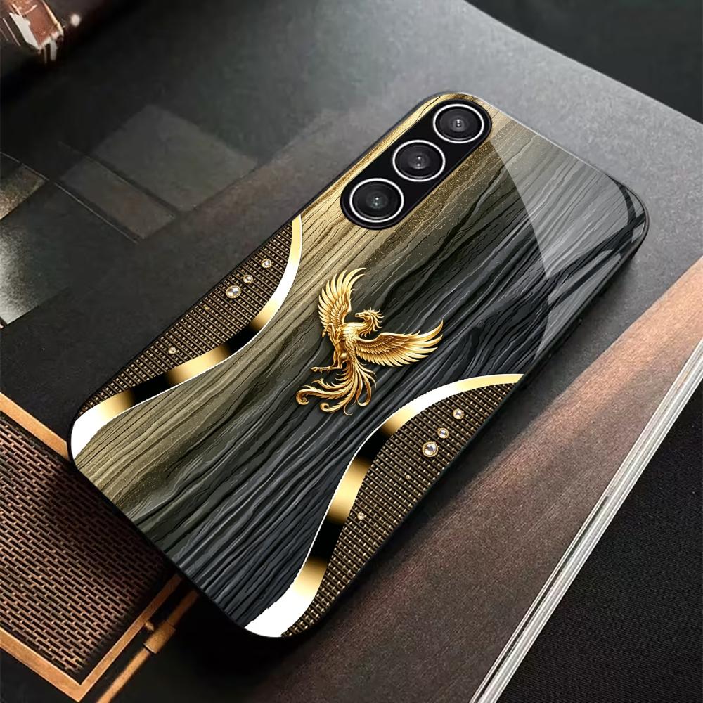 Wood Grain & Gold Phoenix phone case glass s26 ultra case s25 ultra case for Samsung Galaxy S26 S25 S24 S23 S22 FE Ultra Plus