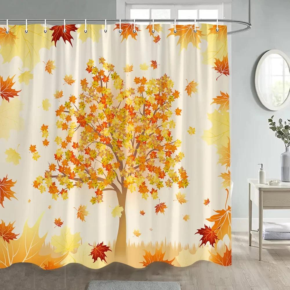 Fall Maple Leaves Shower Curtains Rustic Farm Sunflowers Pumpkins Haystacks Autumn Thanksgiving Fabric Bathroom Decor With Hooks