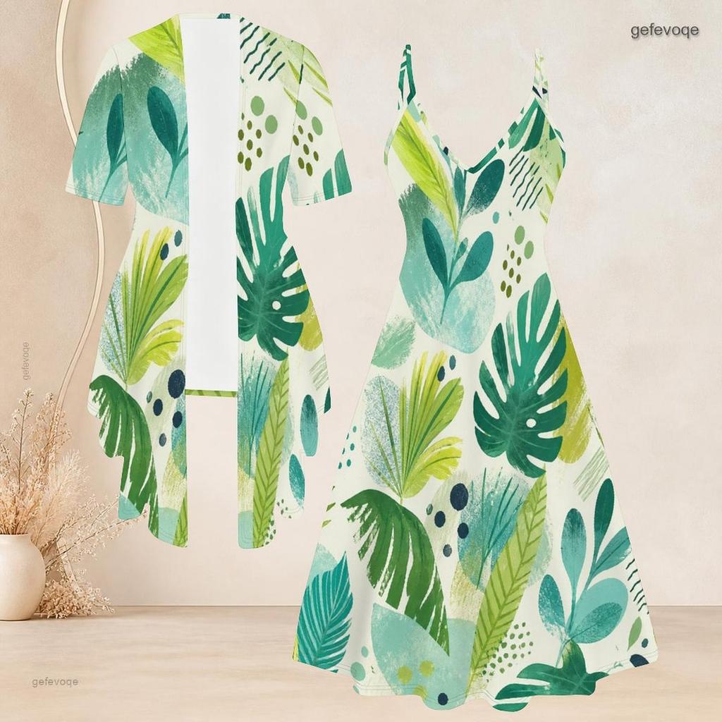 Women Plus Size Two Piece Set Tropical Leaf Printed Short Sleeve Cardigan Strappy V Neck Flared Dress