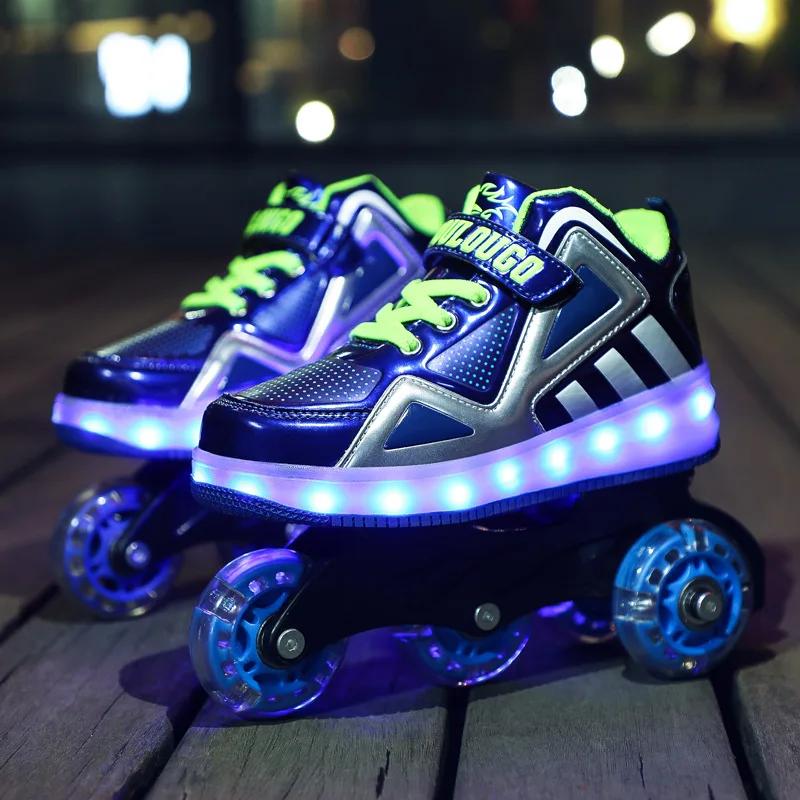 Neue Rollschuhe LED LadeSchalter Einzel- und Doppelreihe Laufrolle Verformungsschuhe für Kinder