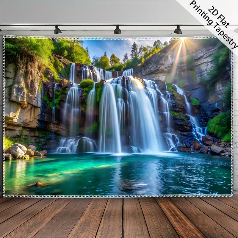 Green Forest Waterfall Lake Tapestry Nature Scenery Wall Art for Aesthetic Home Decor