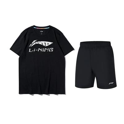 Li Ning Logo Print Letter Round Neck Short Sleeve T-Shirt And Mid Waist Shorts Casual Sports Set Unisex Sets Black AHST791-1+YKST119-1