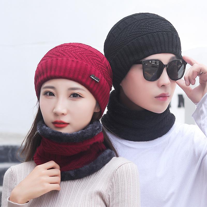 Men's Thick Knit Two-Piece Hat and Scarf Set – Warm Plus Velvet, Ear Protection for Outdoor Sports and Cycling
