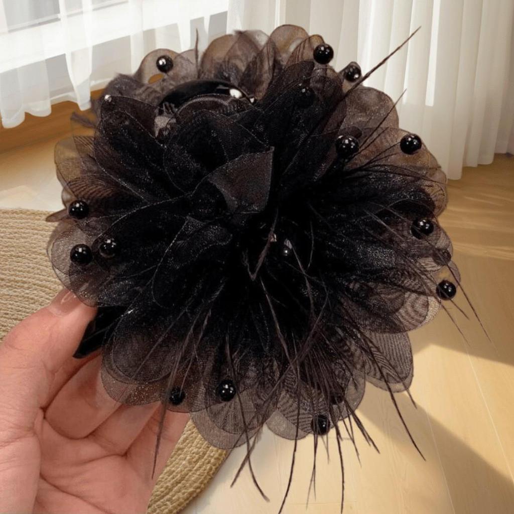 Elegant Black Coffee Peony Feather Claw Clip - Lightweight, Stylish, Versatile, and Beaded Fashion Accessory
