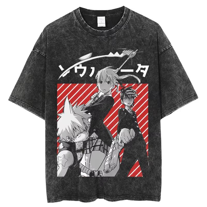 Japan Anime Soul Eater Printed T Shirt Men Washed Cotton Tshirts Casual Loose Manga Tee Harajuku Male Street Vintage T-shirt Top