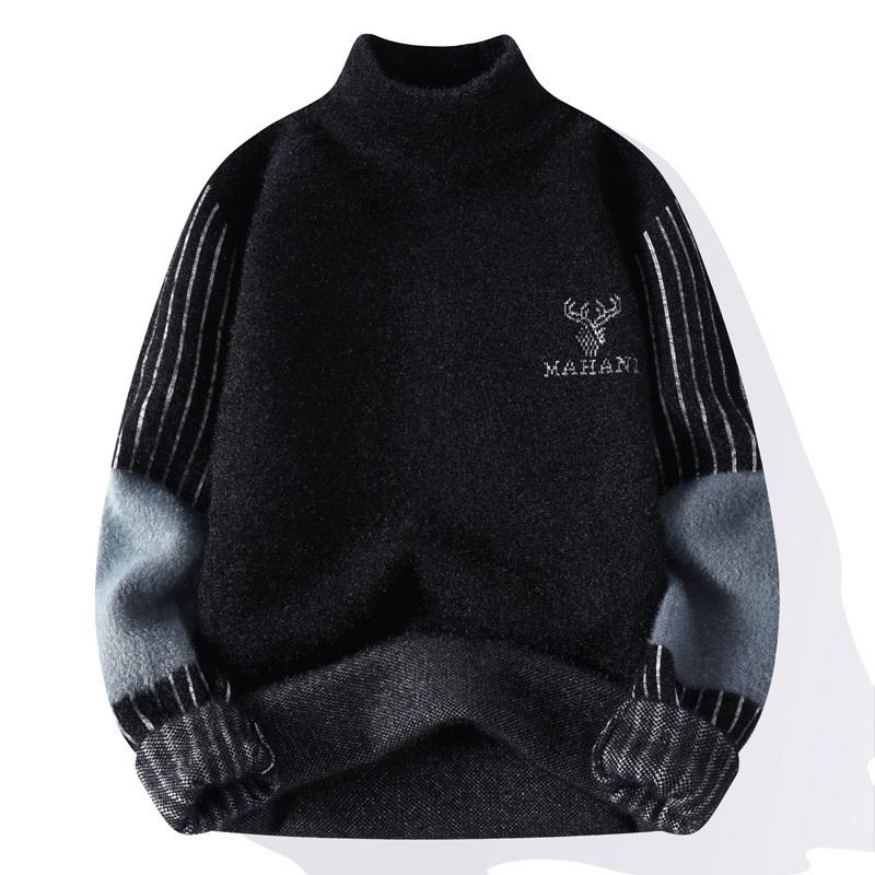

Men s Turtleneck Knit Sweater Embroidered Stripe Sleeve Casual Warm Top M чёрный