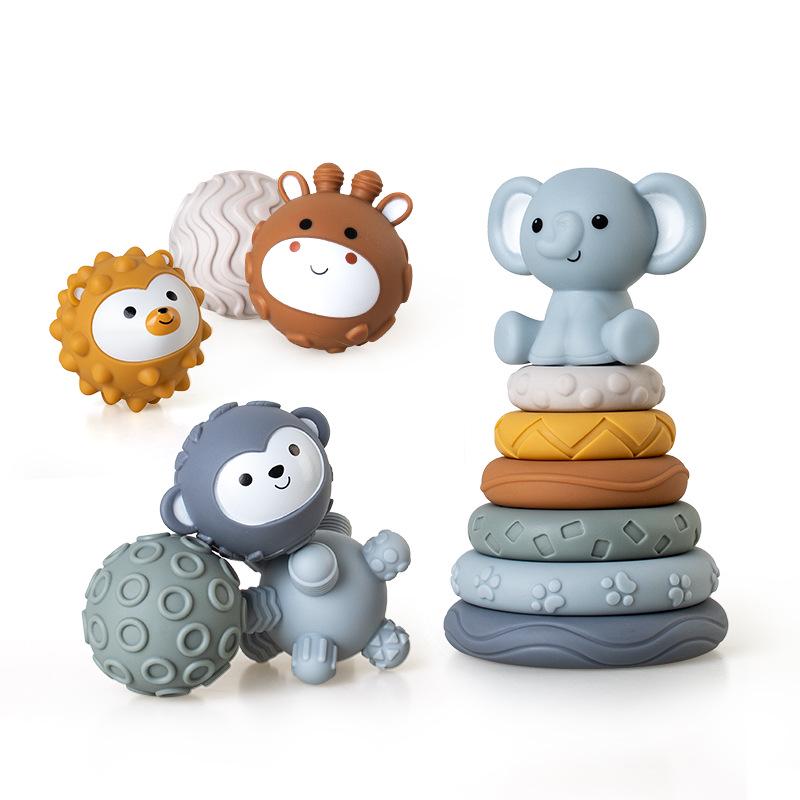 Soft Rubber Baby Hand-Grip Ball, Building Blocks & Stacking Rings Toy Set