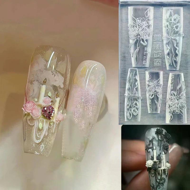 Flowers Rose Fashion High Quality Nail Silicone Relief Shape Nail Art Mold 3d Nail Decoration Nail Salon Accessories Manicure