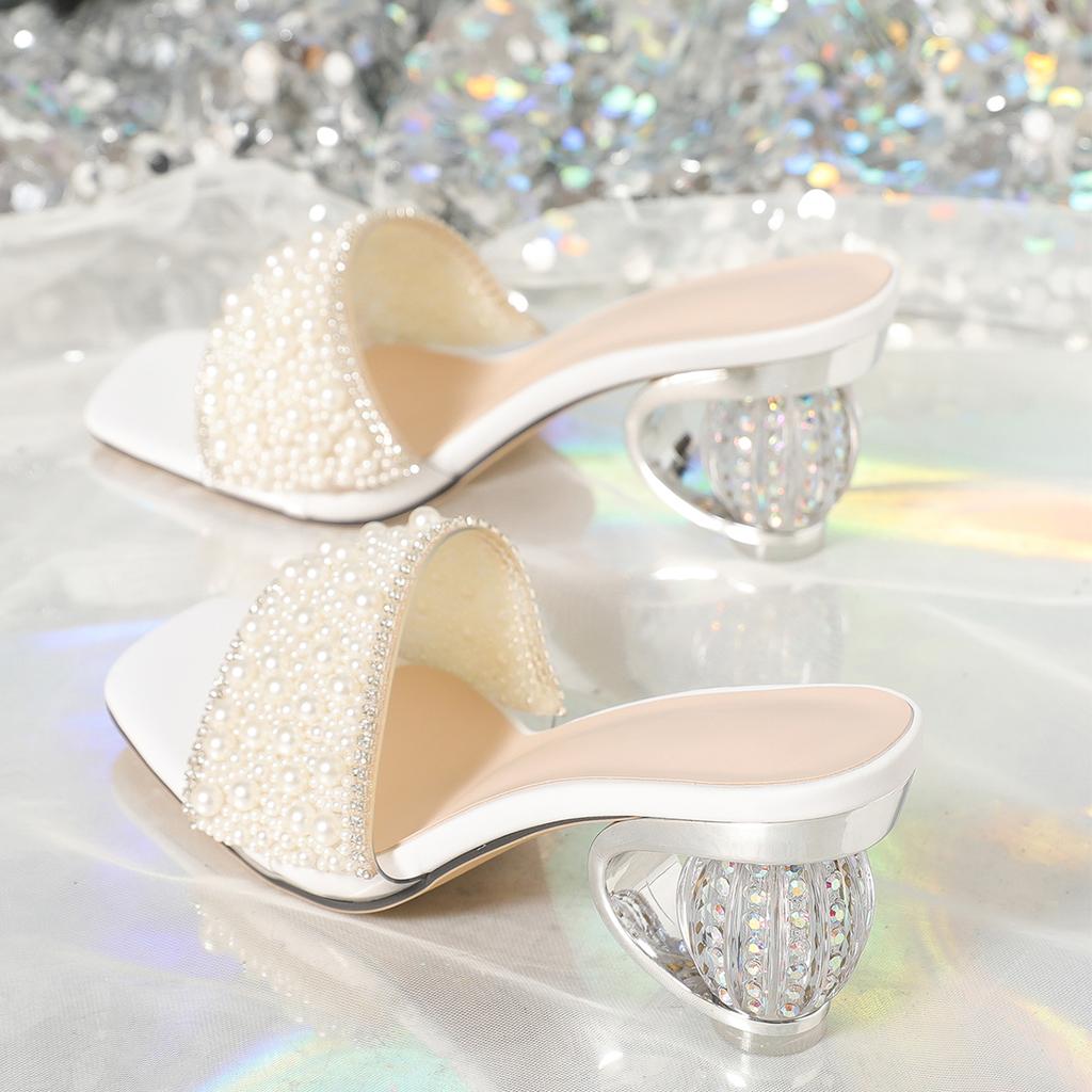 Fashion White Pearl Shiny Sandals Slippers Women Transparent Thick Bottom Party Dress Mules High Heels 2025 Summer Heeled Beach Slippers