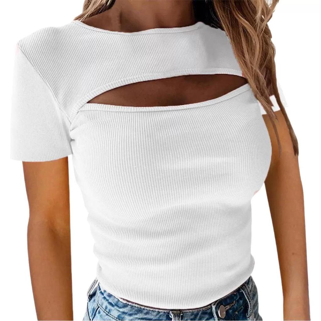 Women's 2024 Ribbed Hollowed-Out Long-Sleeve Top - Sexy Fashion with Chest-Revealing Design