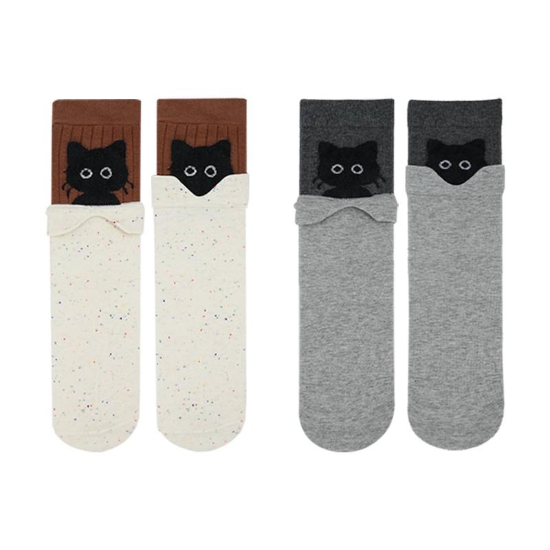 2026 Korean Cute Cartoon Kitten Mid-tube Socks Women's Autumn Winter Warm Stacking Socks Kawaii Cat Print Cotton Soft Long Sock