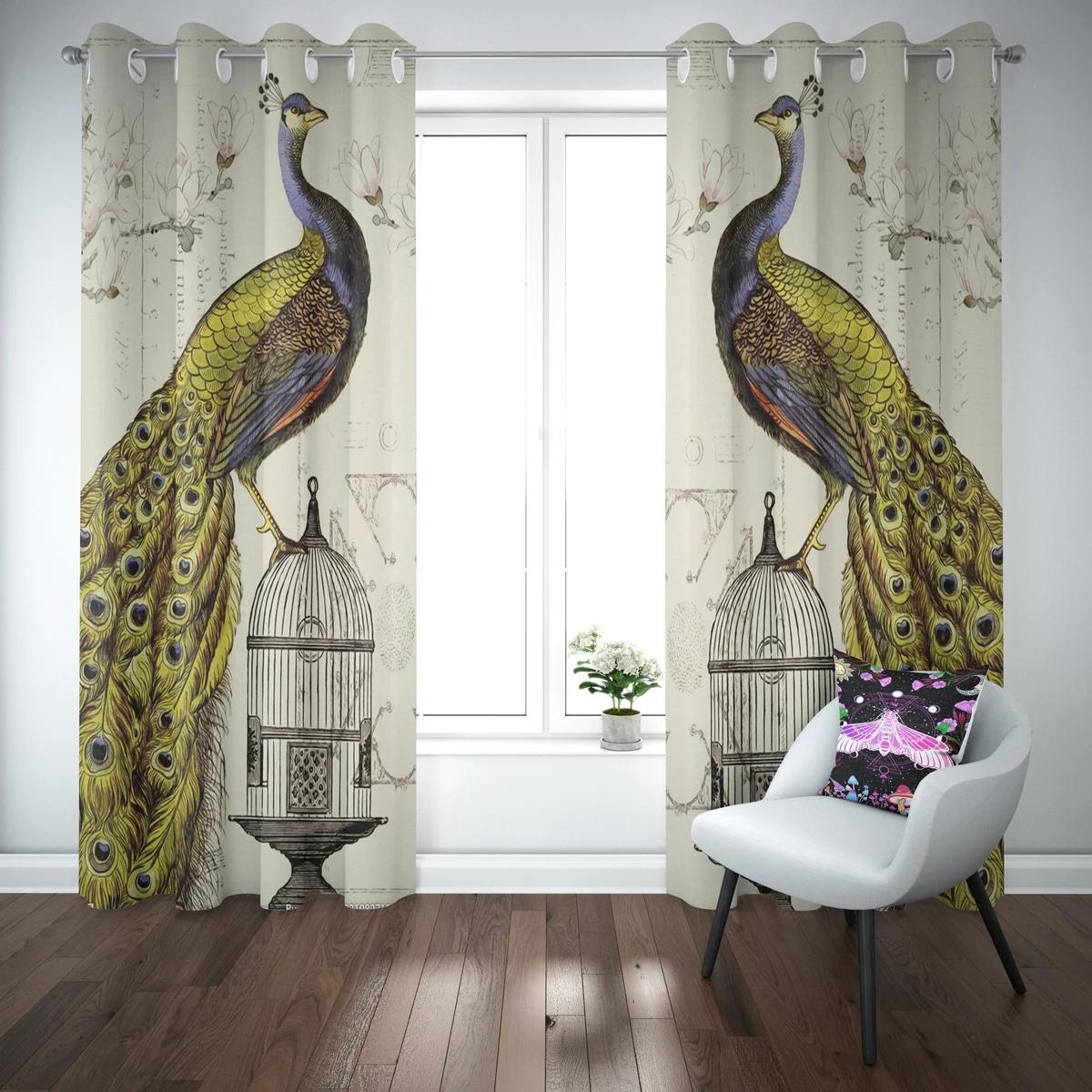 

Peacock Window Opening Drape Flower Peafowl High Shading Drape ideal for Living Room Luxury Room Divider Left and Right Biparting Open Modern W55 X H120cm X 2&Grommet Top