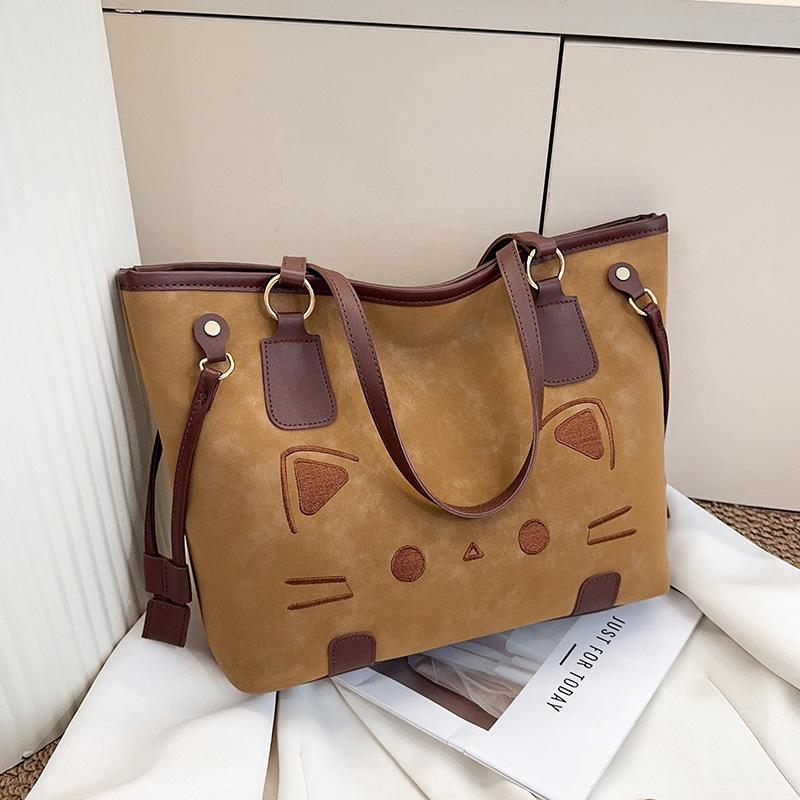 

Cute Embroidery Cat Shoulder Bags for Women Vintage Large Capacity Ladies Tote Bag Casual Portable Student Girls Book Handbags