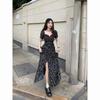 French Square Neck Floral Dress Women's New Style Hot Girl Waist Mid-long Split A-line