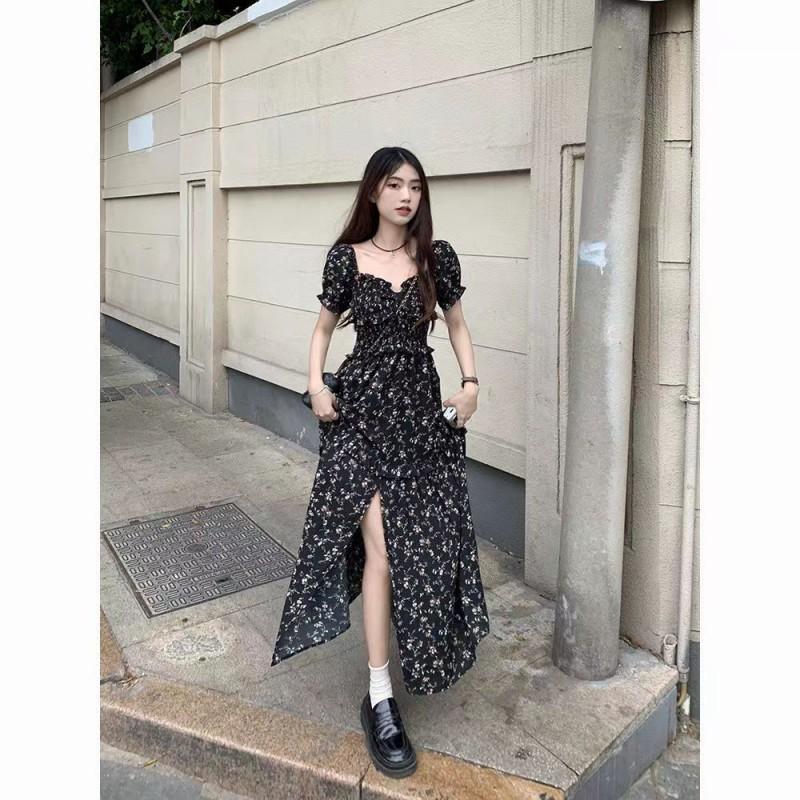 French Square Neck Floral Dress Women's New Style Hot Girl Waist Mid-long Split A-line