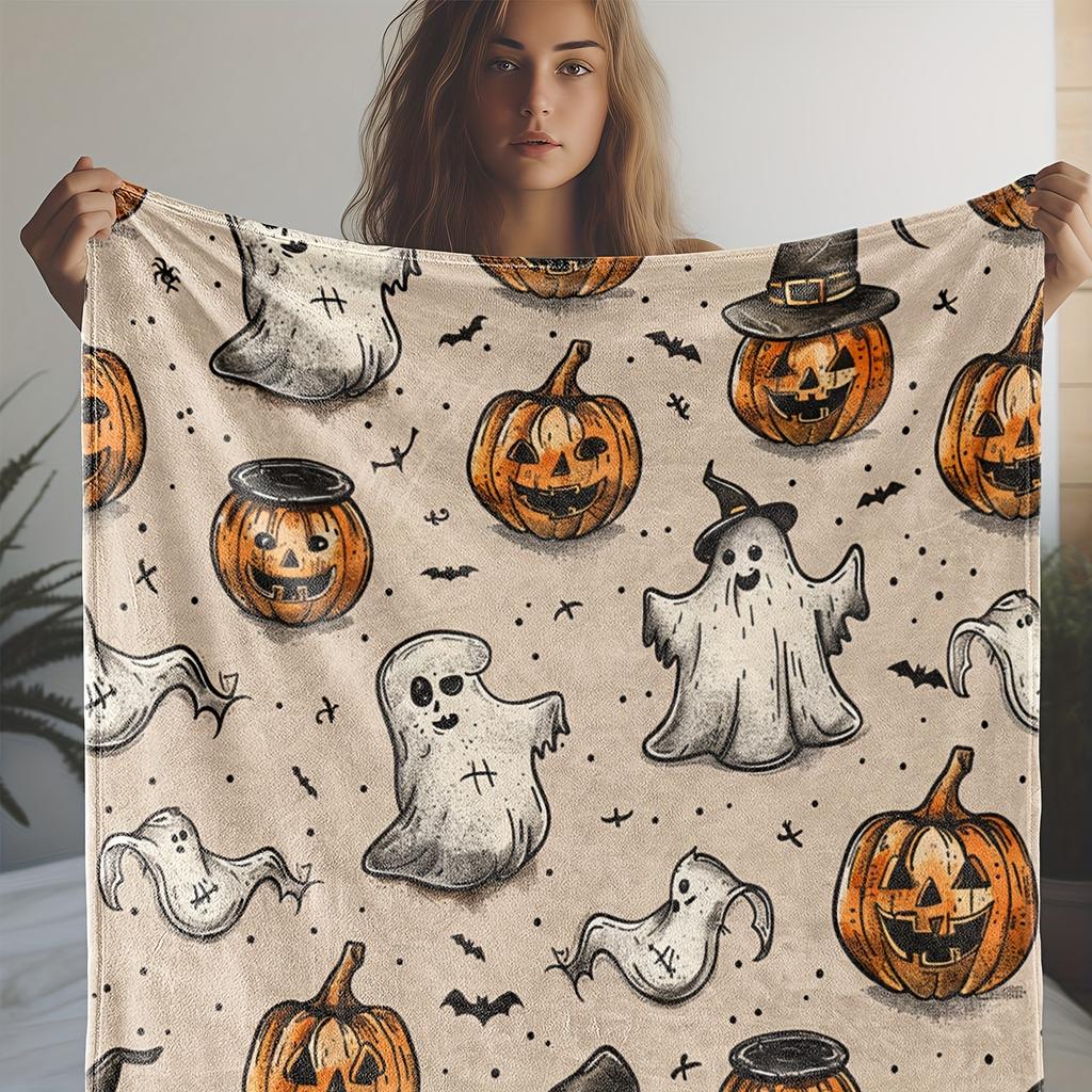 Vintage Halloween Ghost and Pumpkin Print Flannel Throw Blanket - All-Season Cozy Soft Polyester Knitted Blanket for Sofa, Bed