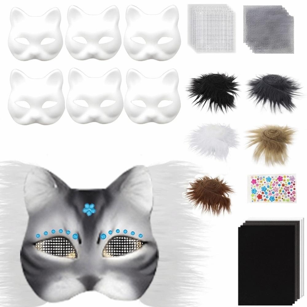 DIY Kit Blank Cat Mask Making Kit Paper Mache Fabric Straps Animal Half Face Mask Mesh Stickers Plush Faux Fur