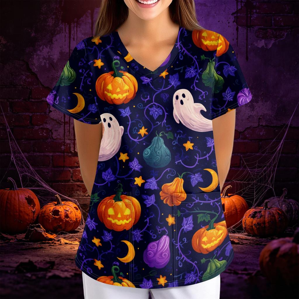 Women Halloween Print Loose Fit V Neck Short Sleeve Medical Scrub Top with Pockets Casual Workwear Uniform for Healthcare Professionals