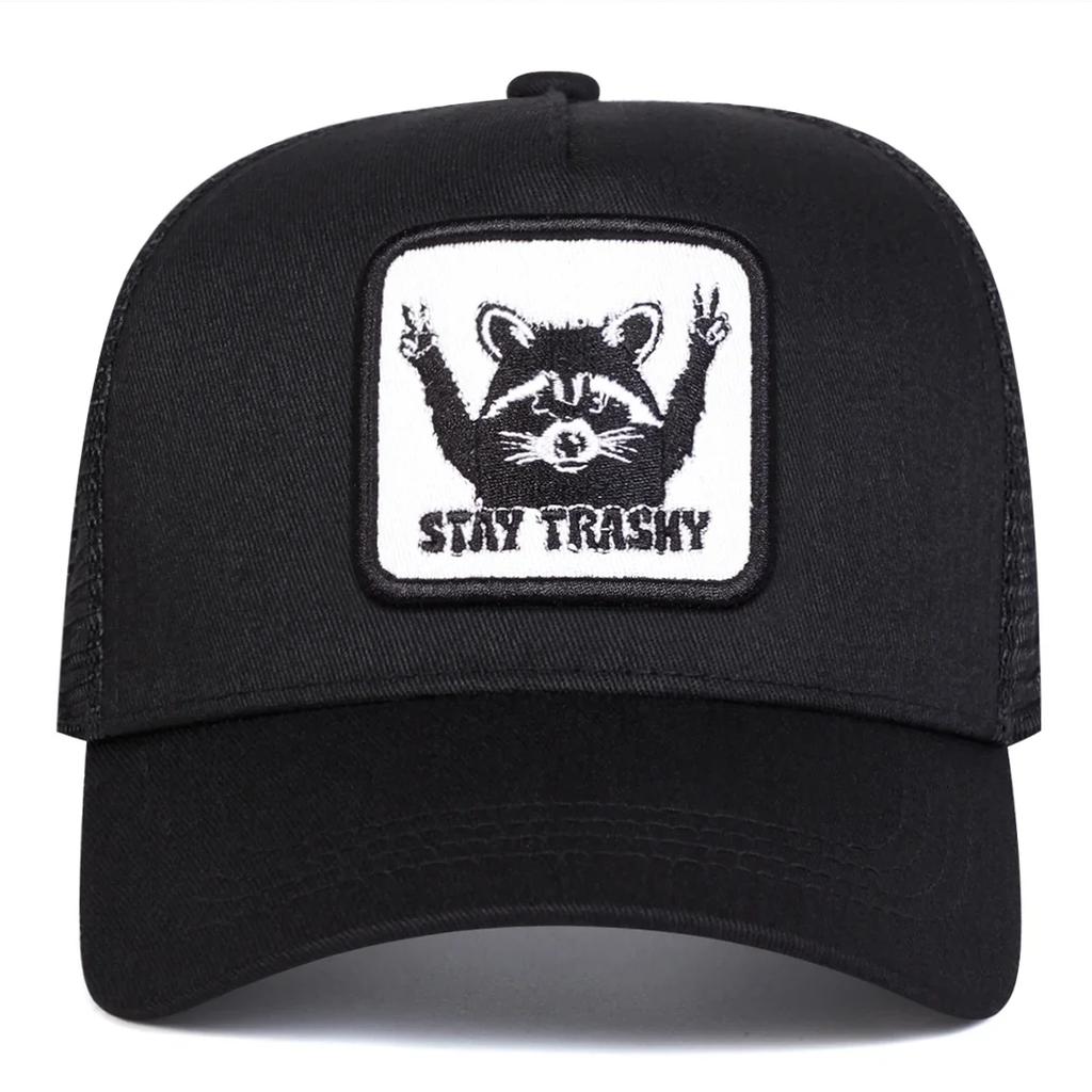 Unisex STAY TRASHY Raccoon Embroidery Baseball Net Caps Spring Summer Outdoor Adjustable Casual Hats Sunscreen Hat Sports Cap