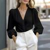 Top de trabajo europeo y americano con cuello en V, temperamento OL, mangas de farol de siete puntos que muestran un temperamento delgado, camisa de color liso