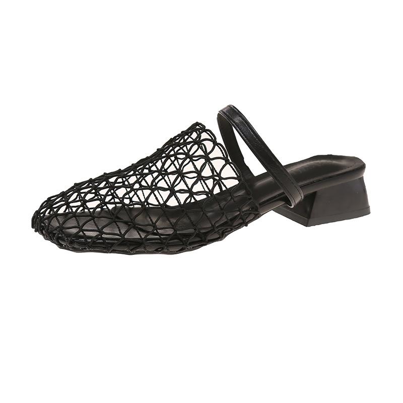 2025 summer fashion casual women's breathable black woven hollow square head French women's shoes niche wedge slippers