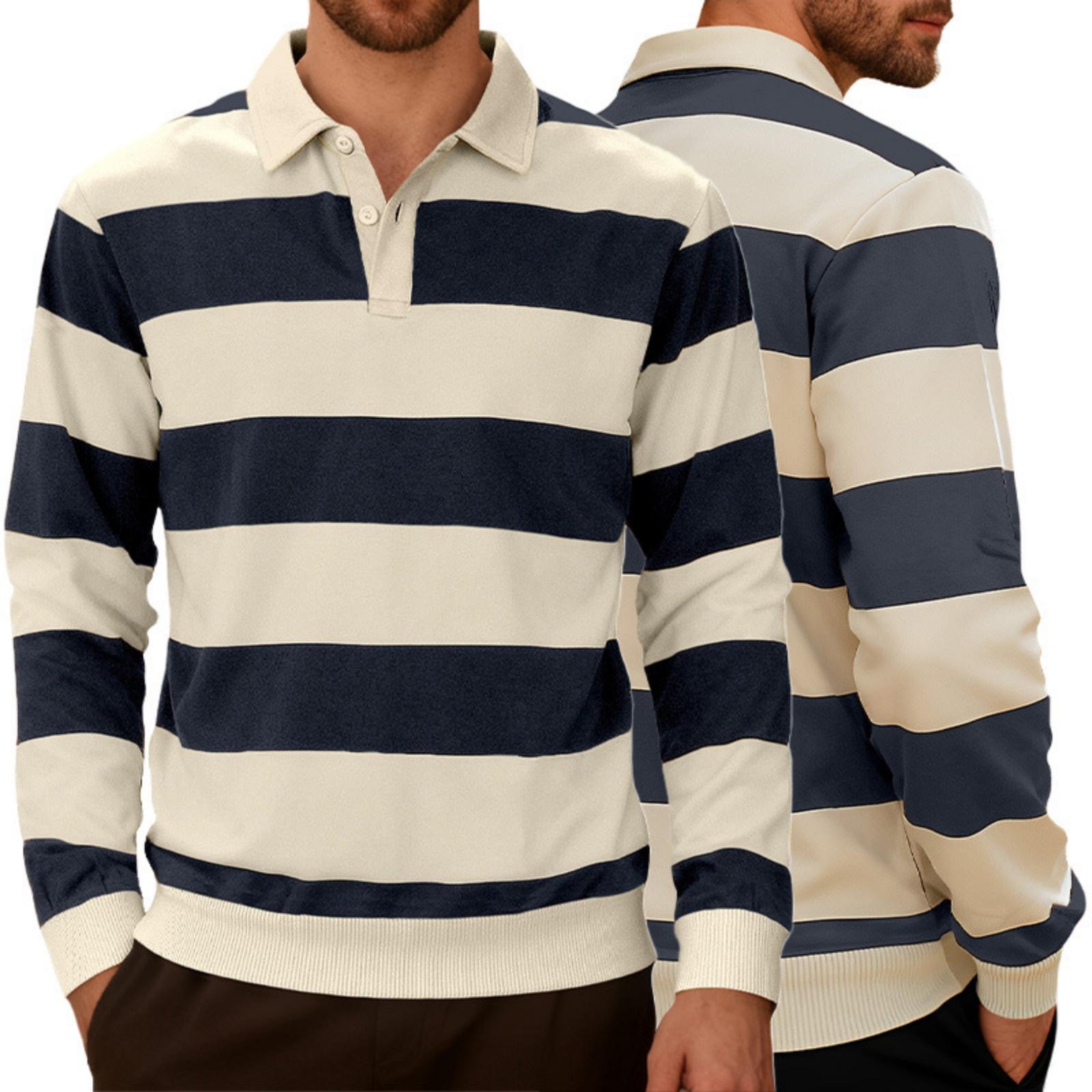 

Men s Casual Sporty Square-neck Knitted Striped Shirt, Men s Color-blocking Buttoned Long-sleeved Shirt XXL тёмно-синий