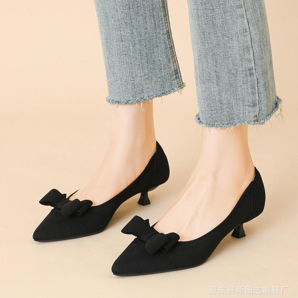 Dámské Velké Velikosti Jarní Jehlové Podpatky Boty se Špičatou Špičkou Letní Ležérní Mašle Jednobarevné Boty na Vysokém Podpatku 34-43