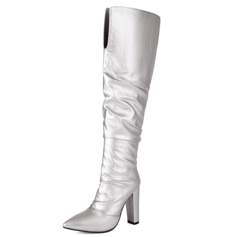 Western High Boots for Women 2024 Winter Knee High Boots Pointed Pink Blue Silver Heels Casual Long Shoes Female Large Size