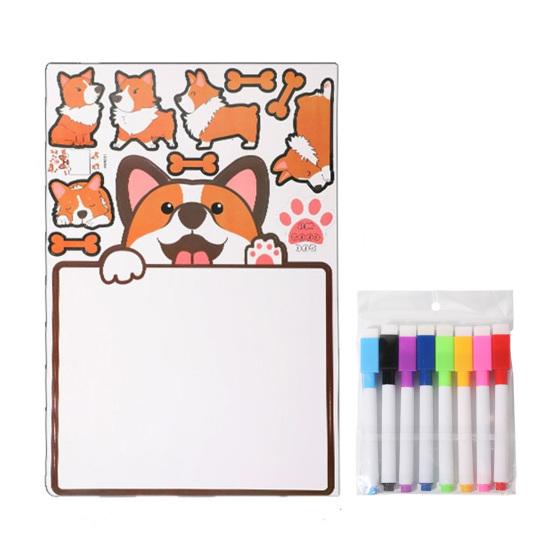 Fridge Magnetic Message Board with 8 Marker Pens Cartoon Dog Dry-Erase Note Board Refrigerator Magnet Whiteboard Decoration