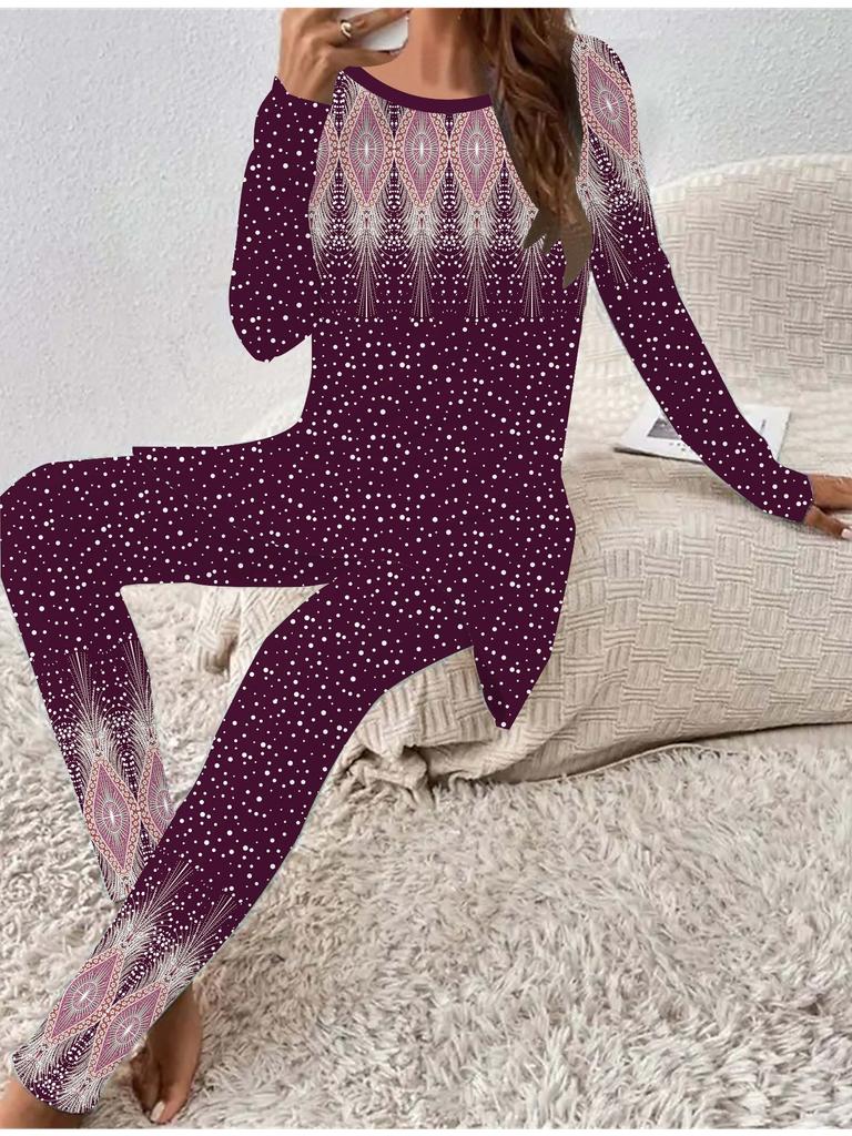 Euroamerykańska Moda Damski Zestaw Dwuczęściowy T-shirt z Długim Rękawem na Cztery Pory Roku + Długie Spodnie z Nadrukiem 3D w Stylu Retro. Idealny prezent na Nowy Rok i Boże Narodzenie