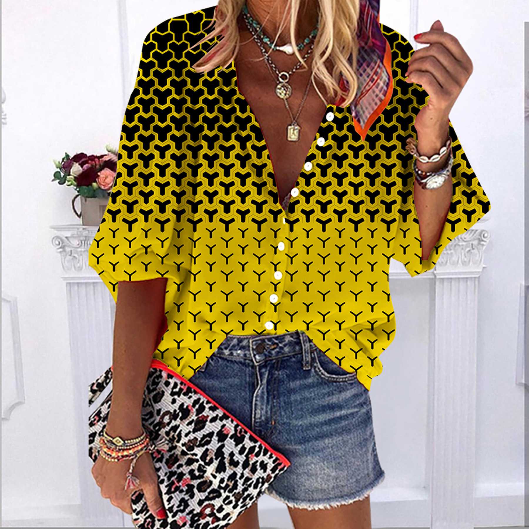 

2023 літо-осень, нова мода для жінок, синя повсякденна сорочка на ґудзиках із принтом у формі букви Y і рукавами-бульбашками. 8XL