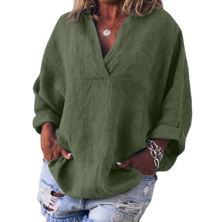 Lässiges Leinen Baumwolle V-Ausschnitt Langarm Pullover Top Damenmode